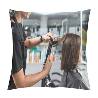 Personality  Hair Ironing, Cheerful Hairdresser With Hair Straightener Styling Hair Of Female Customer, Beauty Worker, Client Satisfaction, Brunette Woman With Short Hair, Beauty Salon, Hair Fashion  Pillow Covers