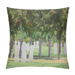 Personality  Old Memorial Stone Crosses Placed In Rows At Cemetery Pillow Covers