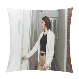 Personality  Young And Stylish Woman In White Shirt, Black Crop Top And Beige Pants Opening Door While Standing In Corridor In Contemporary Hotel, Travel Lifestyle, Weekend Getaway Pillow Covers