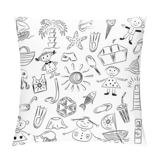 Personality  Hand Drawn Summer Vacancies Symbols.Template With Doodle Boats, Ice Cream, Palms, Hat, Umbrella, Jellyfish, Cocktail, Sun With Place For Text In The Center. Pillow Covers