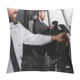 Personality  Captain In Cap And Uniform Using Device With Blank Screen Near Co-pilot In Airplane Simulator Pillow Covers