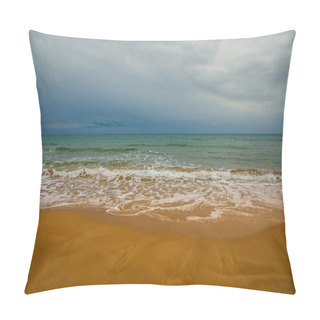 Personality  Beautiful Seascape. Magnificent View Of The Seashore And Coast Of The Mediterranean Sea With Yellow Sand And Clear Water In The Seaside Of Sitges, Spain Pillow Covers