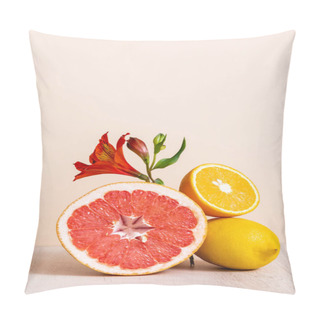 Personality  Floral And Fruit Composition With Red Alstroemeria And Citrus Fruits Isolated On Beige Pillow Covers
