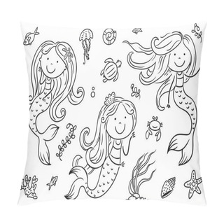 Personality  Cartoon Mermaid And Sea Life Set, Vector Pillow Covers