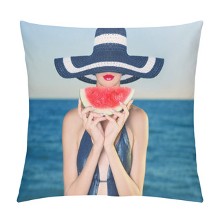 Personality  Young Lady At Sea With Watermelon Pillow Covers