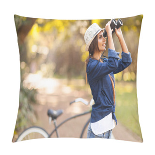 Personality  Young Woman Bird Watching At The Park Pillow Covers