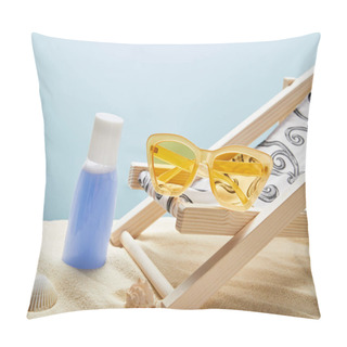 Personality  Blue Lotion In Sand Near Seashells, Yellow Sunglasses And Deck Chair On Blue Background Pillow Covers