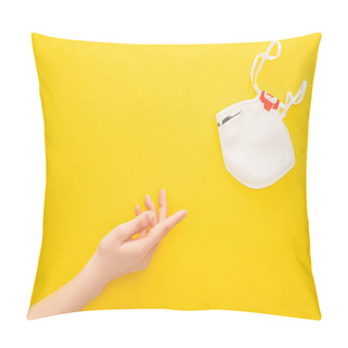 Personality  Partial View Of Woman Pointing At Safety Mask On Yellow Background Pillow Covers