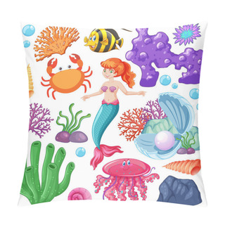 Personality  Set Of Sea Animals And Mermaid Cartoon Character On White Background Illustration Pillow Covers