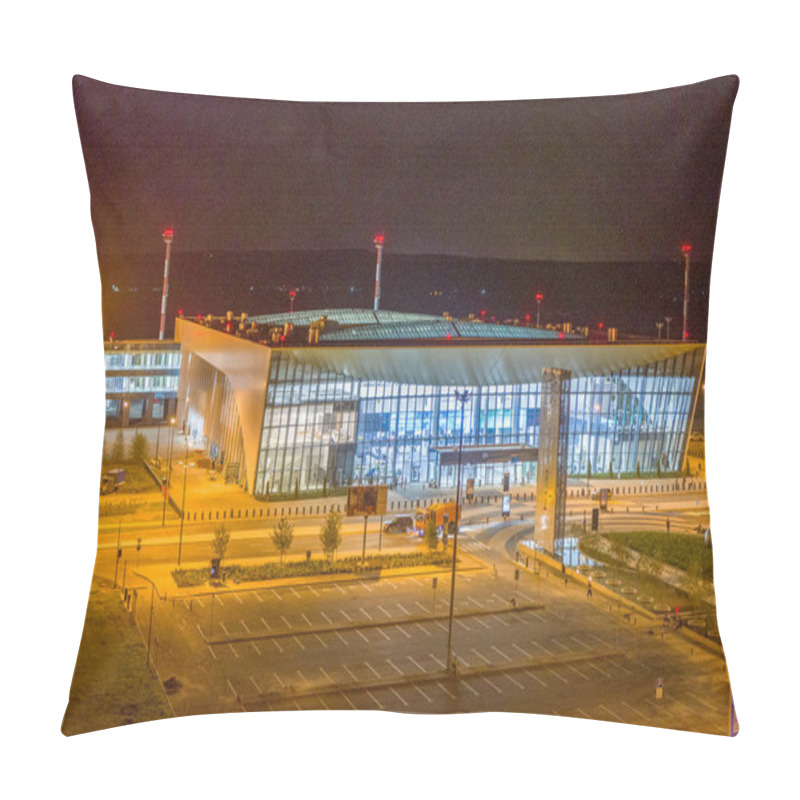 Personality  Saratov, Russia - August 20, 2019: Gagarin International Airport - Beautiful Modern Building At Night Pillow Covers