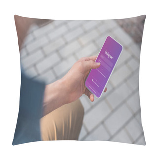 Personality  Cropped Shot Of Man Using Smartphone With Instagram On Screen Pillow Covers