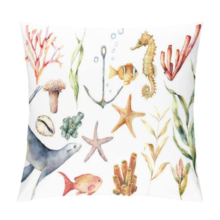 Personality  Watercolor Underwater Wildlife Set. Hand Painted Coral Reef, Sea Lion, Tropical Fish, Anchor, Seahorse And Laminaria Isolated On White Background. Aquatic Illustration For Design, Print Or Background. Pillow Covers