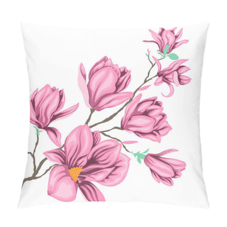 Personality   Vector Illustration Of A Branch Of Pink Magnolia Leaves And Flowers Pillow Covers