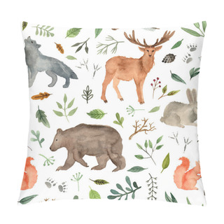Personality  Watercolor Hand Painted Forest Animals. Brown Bear, Fawn, Rabbit, Wolf, Squirrel. Woodland Animals Seamless Pattern. Pillow Covers