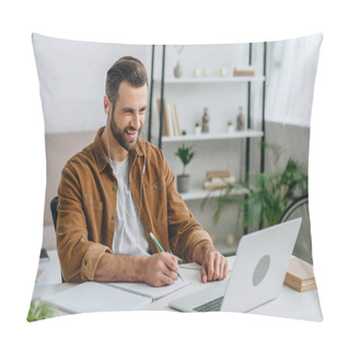Personality  Good-looking Man Listening Music, Using Laptop And Writing In Notebook  Pillow Covers
