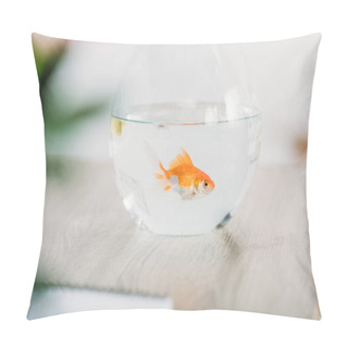 Personality  Selective Focus Of Bright Gold Fish In Aquarium On Grey Wooden Surface Pillow Covers