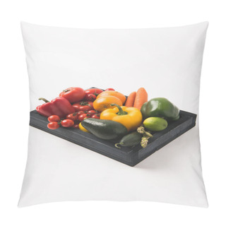 Personality  Juicy Raw Vegetables And Fruits In Dark Wooden Box Isolated On White Background Pillow Covers