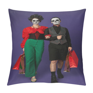 Personality  Couple In Dia De Los Muertos Skull Makeup And Stylish Attire Walking With Shopping Bags On Blue Pillow Covers