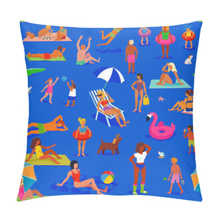 Personality  Seamless Pattern. A Lot Of People On The Night Sandy Beach. People Relax And Have Fun. Summer Vacation On The Sea Shore. Pillow Covers