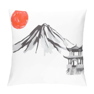 Personality  Japan Traditional Sumi-e Painting. Fuji Mountain, Sakura, Sunset. Japan Sun. Indian Ink Illustration. Japanese Picture Pillow Covers