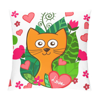 Personality  Valentine Day Funny Cartoon Kitten With Pink Hearts And Flowers Pillow Covers
