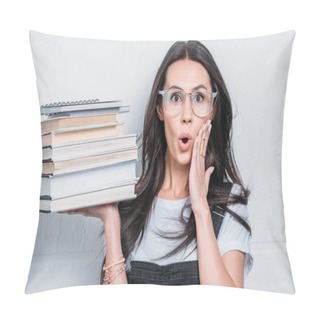 Personality  Portrait Of Astonished Caucasian Student Holding Books With Facial Expression Pillow Covers
