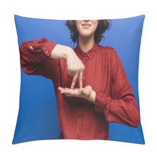 Personality  Partial View Of Positive Teacher Showing Gesture Meaning Stand On Sign Language Isolated On Blue Pillow Covers