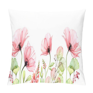 Personality  Watercolor Poppy Bottom Border. Horizontal Floral Background. Abstract Pink Flowers With Leaves On White. Botanical Illustration For Cards, Wedding Design Pillow Covers