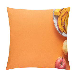 Personality  Sliced Baked Pumpkin Near Whole Apples On Orange Surface With Copy Space Pillow Covers