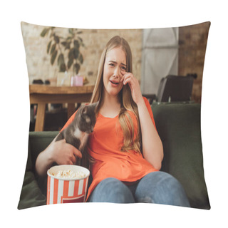 Personality  Upset Woman Crying Near Cat And Popcorn Bucket While Watching Movie  Pillow Covers