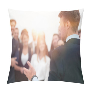 Personality  Businessman Makes A Speech To His Team. Pillow Covers