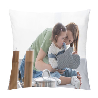 Personality  Mother Touching Toddler Kid With Down Syndrome With Baking Glove In Kitchen  Pillow Covers