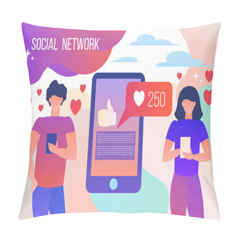 Personality  Man and woman in smartphones watching social networks pillow covers