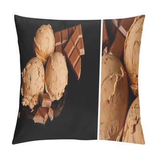 Personality  Collage Of Fresh Delicious Chocolate Ice Cream Isolated On Black Pillow Covers