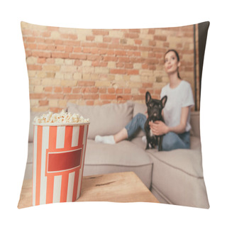 Personality  Selective Focus Of Popcorn Bucket On Coffee Table Near Girl Touching Cute French Bulldog Pillow Covers