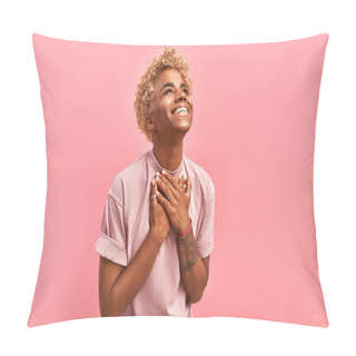 Personality  Touched Beautiful Smiling Afro American Girl Keeps Palms On Heart, Expresses Appreciation, Pleasure And Gratitude, Wears A Lavender T-shirt, Models Over Pink Background. Confession In Love Concept Pillow Covers