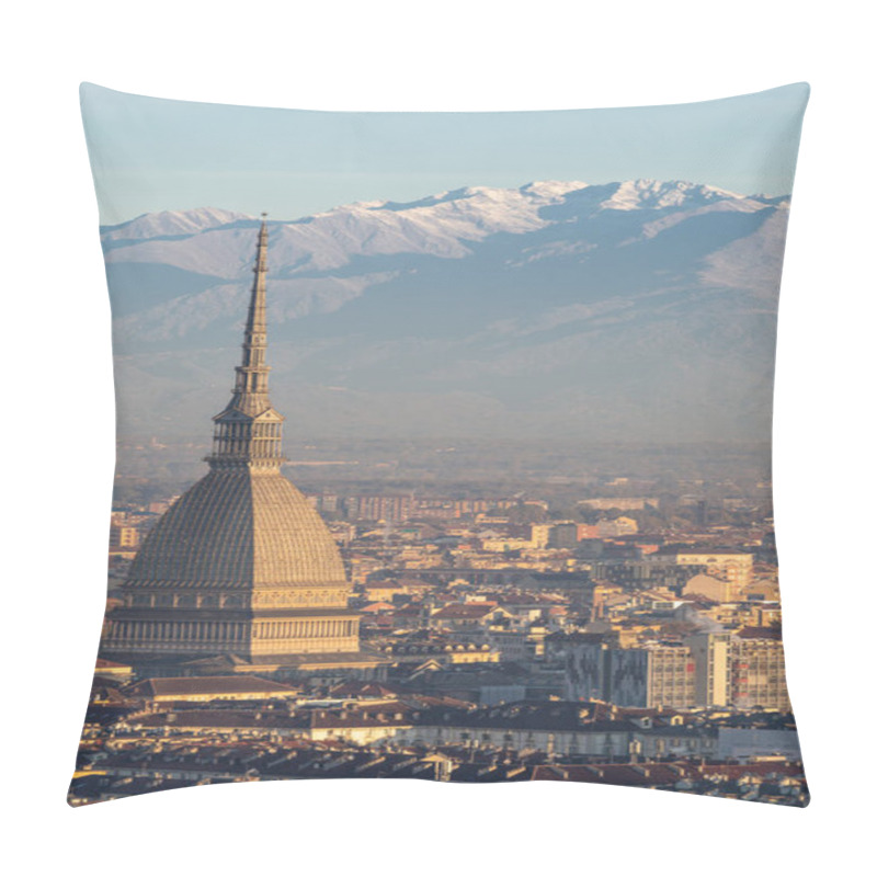 Personality  Turin, Italy - Circa November 2021: Panorama With Alps And Mole Antonelliana,. Skyline Of The Symbol Of Piedmont Region From Monte Dei Cappuccini - Cappuccini's Hill. Sunrise Light. Pillow Covers