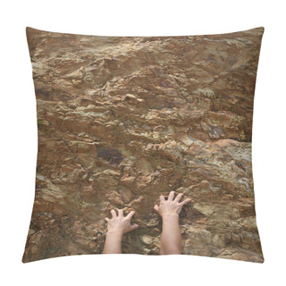 Personality  Close Up View Of Female Hands Climbing On Rocky Cliff Pillow Covers