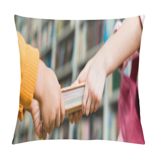 Personality  Panoramic Shot Of Kids Pulling Book While Standing In Library  Pillow Covers