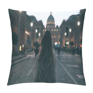 Personality  Young Tourist Woman Walking In Piazza Di Spagna Near The Saint Peter Cathedral. Girl Looking Around, Exploring Sights. Pillow Covers