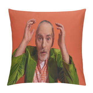 Personality  Astonished Senior Man With Bulging Eyes Holding Hands Near Head And Looking At Camera On Red Orange Background, Trendy Model, Grey Hair, Beard, Fashionable Aging Concept Pillow Covers