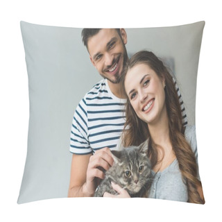 Personality  Smiling Young Couple Holding Cat In Hands And Looking At Camera Pillow Covers