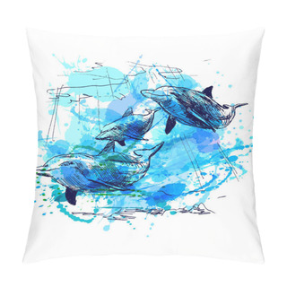 Personality  Colored Hand Sketch Of Dolphins Pillow Covers