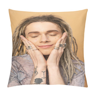 Personality  Portrait Of Pleased Tattooed Queer Person Touching Face Isolated On Yellow  Pillow Covers