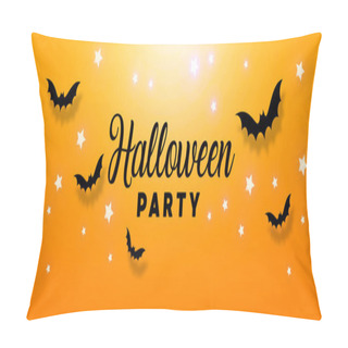 Personality  Halloween Sale Promotion Poster Party With Black Bats, Spider Web And Stars On An Orange Background. Pillow Covers