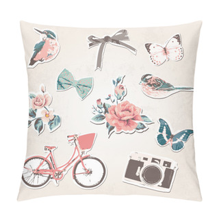 Personality  Vintage Things Set-birds,bows,flow Ers,bike,camera,but Terflies On Grunge Background Pillow Covers