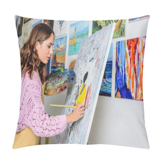 Personality  Side View Of Beautiful Female Artist Painting In Workshop Pillow Covers