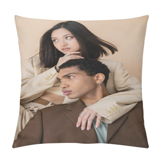 Personality  Fashionable Interracial Couple In Blazers Looking Away Isolated On Beige Pillow Covers