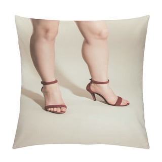 Personality  Cropped Image Of Woman Legs In High Heeled Sandals On White Background Pillow Covers