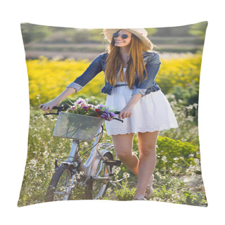 Personality  Beautiful Young Woman Enjoying Spring In A Field. Pillow Covers